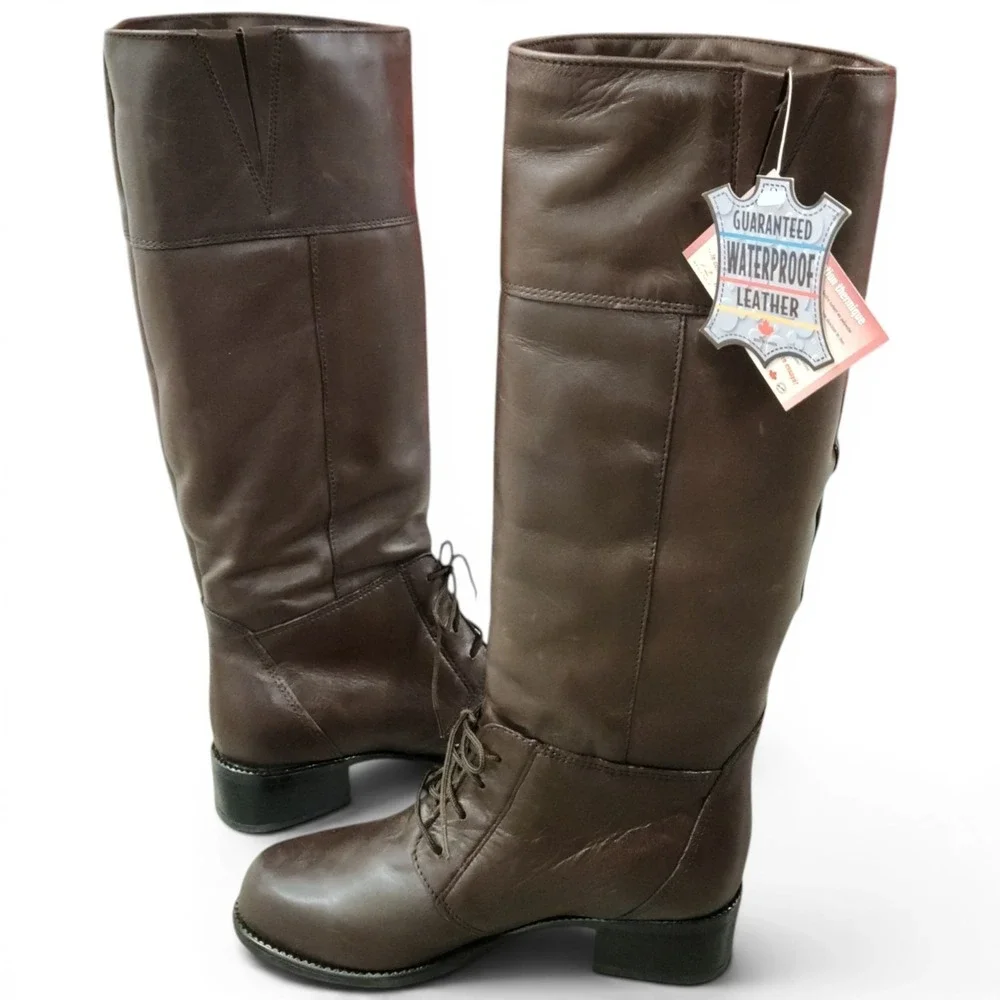 BLONDO Leather Knee High Riding Boots 6.5B Brown Lace-up Waterproof Canada NWT‎